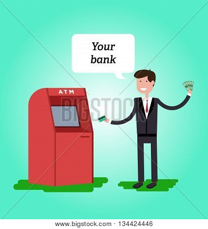 Man dressed in suit gets cash from ATM and he is happy. Vector illustration in flat style.