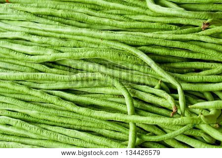 bulk of harvested mature yardlong bean in horizontal orientation