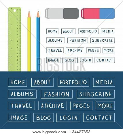 Hand drawn buttons. Template for design websites apps and interface. Menu navigation bars collection. Set of stationery tools: ruler pencil eraser. School supplies. Vector illustration