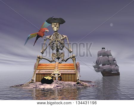 Skeleton pirate sitting on a treasure chest with its parrot by night with ship behind on the ocean - 3D render