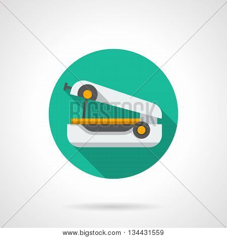 Small portable sewing machine. Device for cloth mending in travel. Special equipment for sewing and mobile dressmaking. Tailor store. Round flat color style vector icon.
