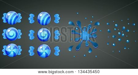 Blue blueberry candy with splash animation set
