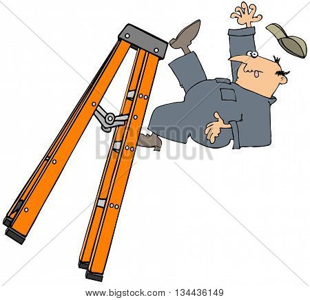 Illustration of a man wearing coveralls and falling off a stepladder.