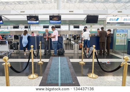 HONG KONG - MAY 12, 2016: design of Etihad check in counters at Terminal 1 of Hong Kong Airport. Etihad Airways is a flag carrier and the second-largest airline of the United Arab Emirates.