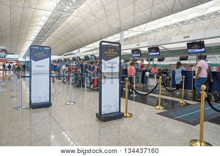 HONG KONG - MAY 12, 2016: design of Etihad check in counters at Terminal 1 of Hong Kong Airport. Etihad Airways is a flag carrier and the second-largest airline of the United Arab Emirates.