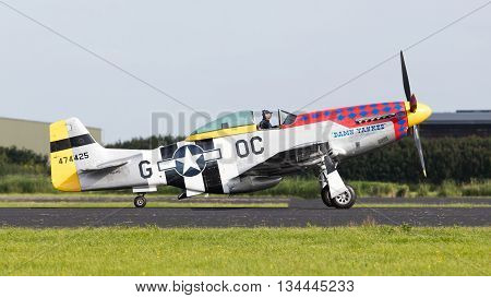 Leeuwarden, The Netherlands - June 10: P51 Mustang Displaying At The Dutch Air Force Open House. Jun