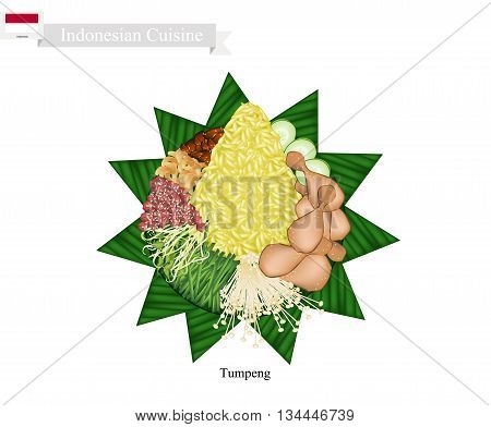 Indonesian Cuisine Tumpeng or Traditional Cone Shaped Curry Rice with Fried Chicken and Vegetables One of The Most Popular Food of Indonesian.