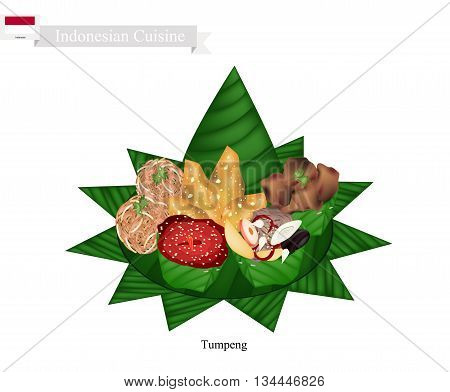 Indonesian Cuisine Tumpeng or Traditional Cone Shaped Curry Rice with Barbecue Meat Fish Balls and Crispy Noodles One of The Most Popular Food of Indonesian.
