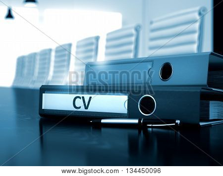 CV - Business Illustration. CV. Business Illustration on Toned Background. CV - Business Concept on Blurred Background. Office Binder with Inscription CV on Office Black Desktop. 3D.
