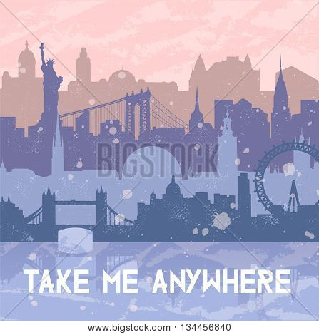Vector background about travel and cities. Silhouettes of big cities such as New York London Stockholm. Grunge hand drawn look. Rose Quartz and serenity colors. Travel urban poster.