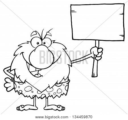 Black And White Happy Male Caveman Cartoon Mascot Character Holding A Wooden Board