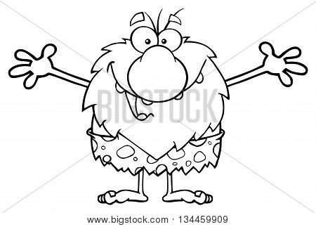 Black And White Smiling Male Caveman Cartoon Mascot Character With Open Arms For A Hug