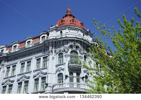 The exterior of a russian influenced architectural building on Zhongyang street in harbin China located in Heilongjiang province on a sunny blue sky day.
