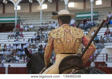 Pozoblanco Spain - September 24 2010: Picador bullfighter lancer whose job it is to weaken bull's neck muscles in the bullring for Jaen Spain