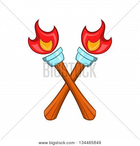 Crossed flaming torches icon in cartoon style on a white background