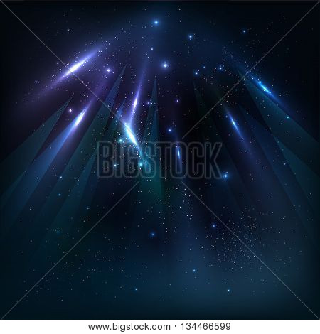 Starry sky background with color luminous rays. Vector illustration