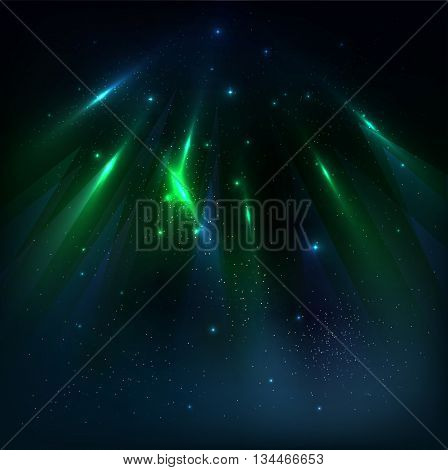 Starry sky background with color luminous rays. Vector illustration