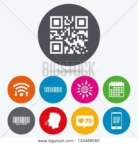 Wifi, like counter and calendar icons. Bar and Qr code icons. Scan barcode in smartphone symbols. Human talk, go to web.