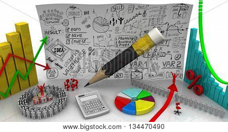 Charts. Business still life. Golden charts with arrows of change data indicators electronic calculator a red pencil symbol of percent round diagram on the sheet of business sketches. Business still-life. Isolated. 3D Illustration