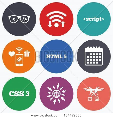 Wifi, mobile payments and drones icons. Programmer coder glasses icon. HTML5 markup language and CSS3 cascading style sheets sign symbols. Calendar symbol.