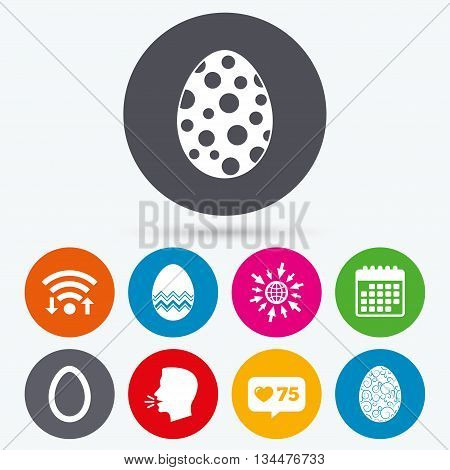 Wifi, like counter and calendar icons. Easter eggs icons. Circles and floral patterns symbols. Tradition Pasch signs. Human talk, go to web.