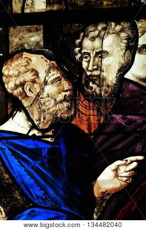 Triel sur Seine France - april 3 2016 : historical stained glass window in Saint Martin church