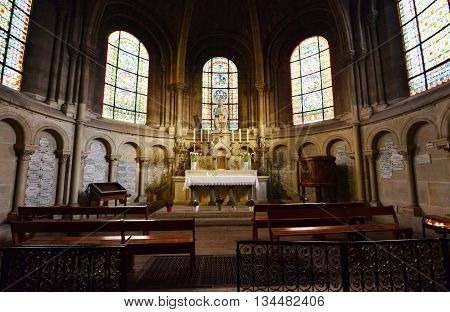 Poissy France - april 4 2016 : the picturesque collegiate church in spring