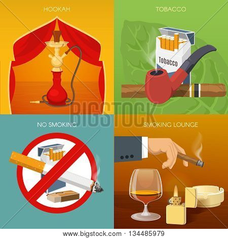Smoking tobacco compositions with hookah room types of products prohibitive sign comfortable lounge isolated vector illustration