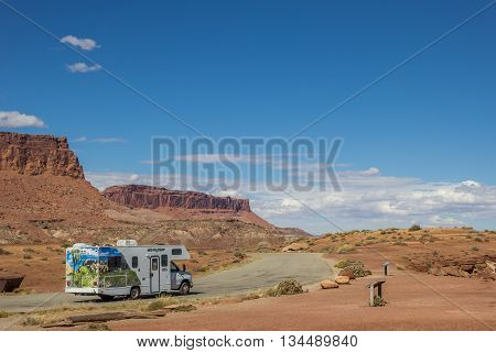 HITE, UT, USA - OCTOBER 3, 2015: RV along highway 95 in the southwest of the USA
