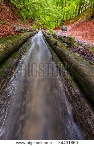 Closeup of Flowing Water in Water Channel in the Valley of Rakytovo Harmanec Slovakia. Built in 19th Century 25 km Long Unique Technical Monument for Delivering Wood from Forest with Help of Regulated Water.