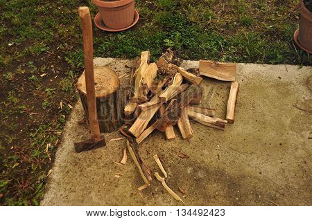 chopped firewood ready to cook in the garden