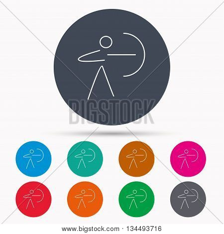 Archery sport icon. Archer with longbow sign. Aiming or targeting symbol. Icons in colour circle buttons. Vector