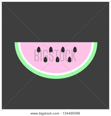 Slice of watermelon on grey background. Isolated tropical fruit illustration. Green and pink ripe watermelon. Vector. Flat design. Watermelon icon. Simple design bright colors.