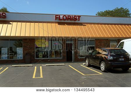 SHOREWOOD, ILLINOIS / UNITED STATES - AUGUST 21, 2015: One may purchase flowers at So Dear to Pat's Heart Floral, in a Shorewood strip mall.