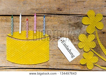 Beeswax, Cake With Candles And Flowers On Wooden Table, German Word, Invitation