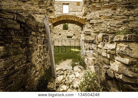 Ghost Town Ruins. Crumbling wall of an abandoned building in the ghost town of Michigan's Upper Peninsula. Fayette State Historical Park. Fayette, Michigan.