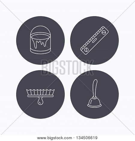 Level tool, plunger and brush tool icons. Bucket of paint linear sign. Flat icons in circle buttons on white background. Vector