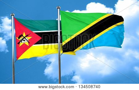 Mozambique flag with Tanzania flag, 3D rendering