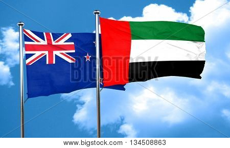 New zealand flag with UAE flag, 3D rendering