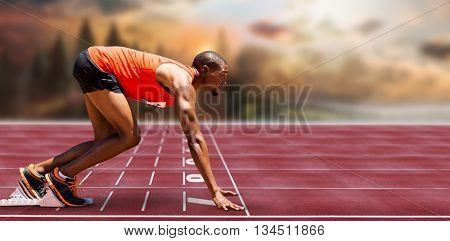 Composite image of of runner preparing for the start on race track