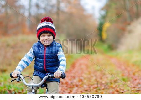 Happy kid boy of 3 years having fun in autumn forest with a bicycle on beautiful fall day. Active child making sports. Safety, sports, leisure with kids concept.
