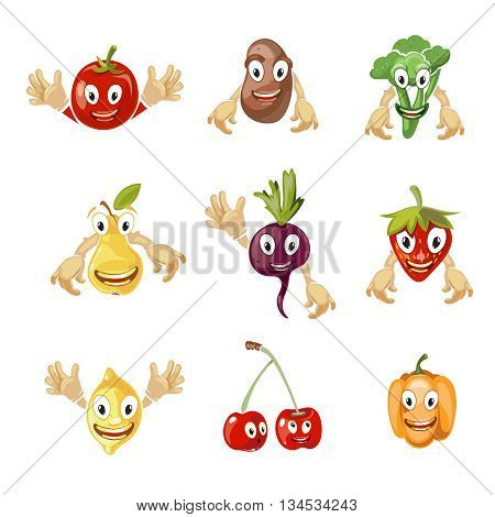Cute cartoon vegetables and fruit vector collection in comic style. Fruit comic characters and vegetable cartoon, sweet fruit and vegetable with face illustration