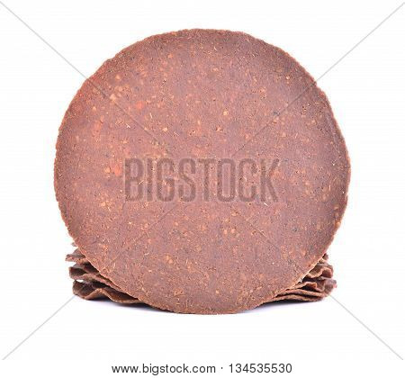 Natto pressed soybean fermented soybeans on white background.