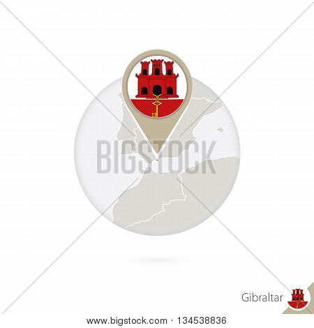 Gibraltar Map And Flag In Circle. Map Of Gibraltar, Gibraltar Flag Pin. Map Of Gibraltar In The Styl
