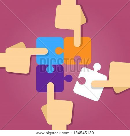 Vector stock of four hands putting puzzle pieces together teamwork concept