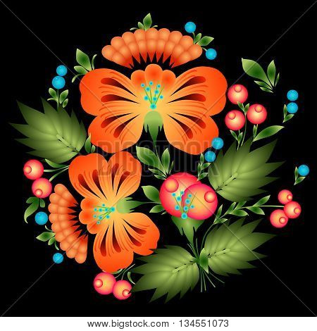 Floral pattern in the national Ukrainian Petrikovka style. Beautiful colorful flowers and branches with leaves on  black background