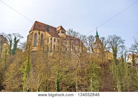 Abbey church of Backnang above the city near town hall and market place.