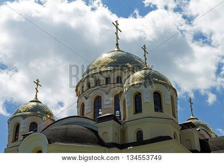 Dome with cross on roof of Orthodox Church in Nalchik city.