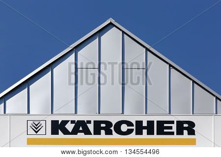 Aarhus, Denmark - June 11, 2016: Karcher sign on a wall of a store. Karcher is a German family-owned company that operates worldwide and is known for its high pressure cleaners floor care equipment