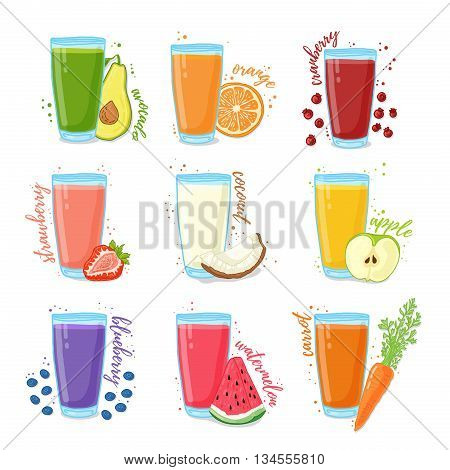 Set juices from fruits and vegetables. Collection of illustrations of drinks for a healthy diet. Juice from the berries, fruits and vegetables for vegetarians. Doodle cute style. Vector illustration